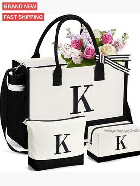 Large Canvas Tote Bag with 2 Cosmetic Bags, Zipper Closure, Removable Strap
